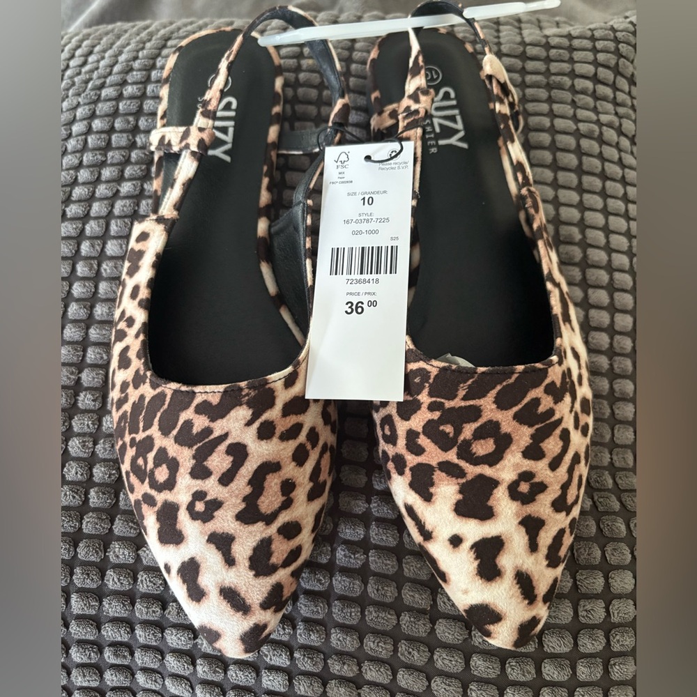 Suzy Shier BNWT women’s Leopard print sling back pointed toe flats size 10